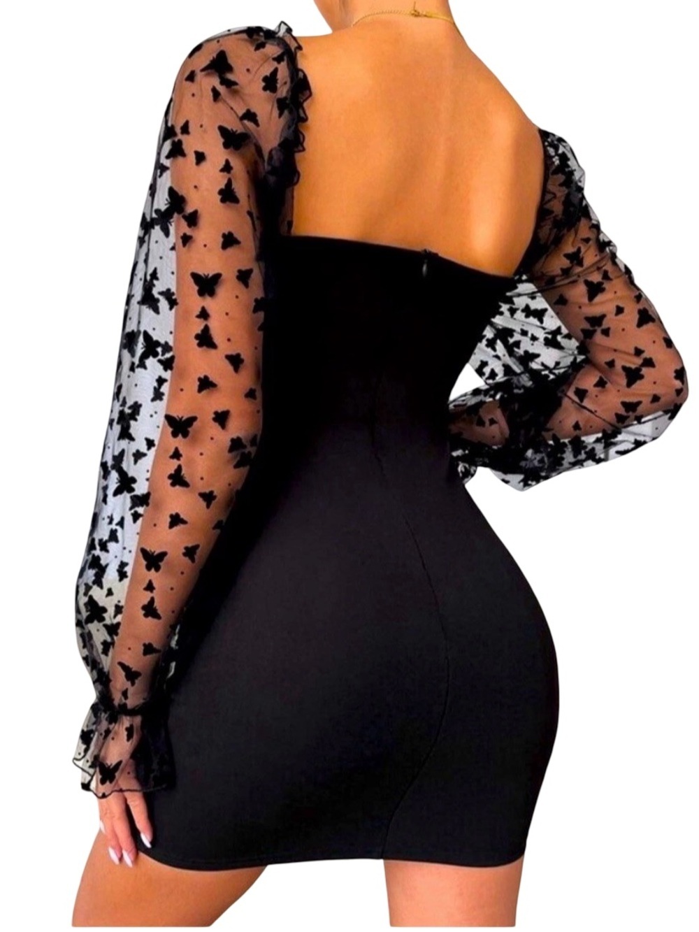 Black Butterfly Mesh Sleeve Bodycon Mini Dress Sweetheart Neck Party Clubwear XS